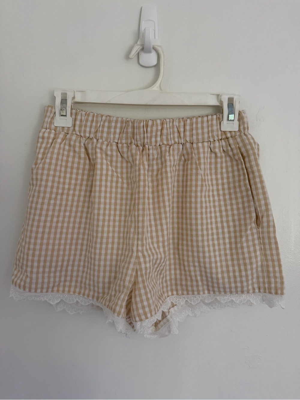 Lulu's Beige Gingham High-Waist Lace-Trim Shorts